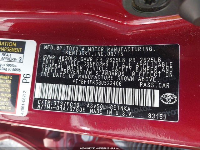 2016 Toyota Camry Le მანქანა იყიდება აუქციონზე, vin: 4T1BF1FK5GU523406, აუქციონის ნომერი: 45913793