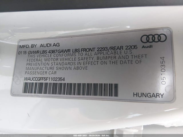 Aukcja sprzedaży 2015 Audi A3 1.8t Premium, vin: WAUCCGFF5F1102354, numer aukcji: 45913801