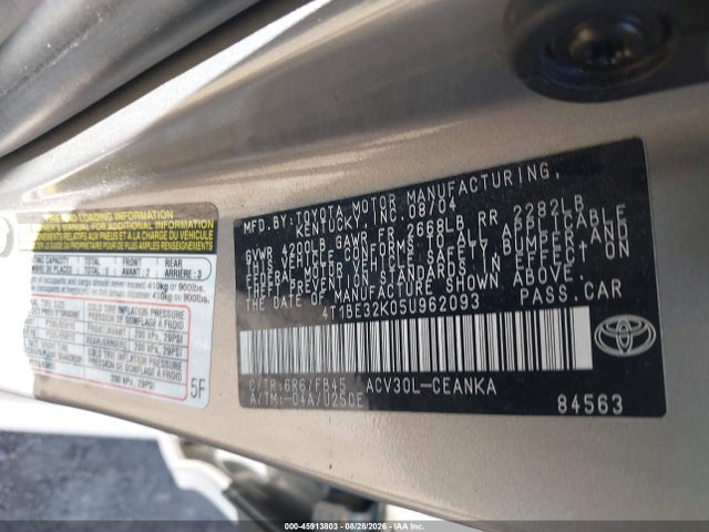 2005 Toyota Camry Le მანქანა იყიდება აუქციონზე, vin: 4T1BE32K05U962093, აუქციონის ნომერი: 45913803