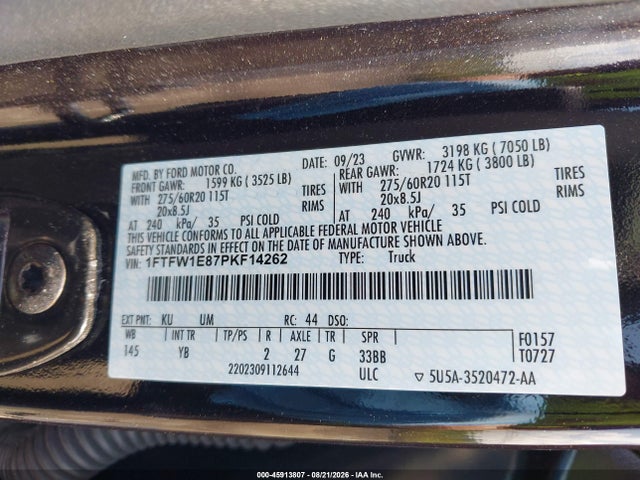 2023 Ford F-150 Xlt მანქანა იყიდება აუქციონზე, vin: 1FTFW1E87PKF14262, აუქციონის ნომერი: 45913807