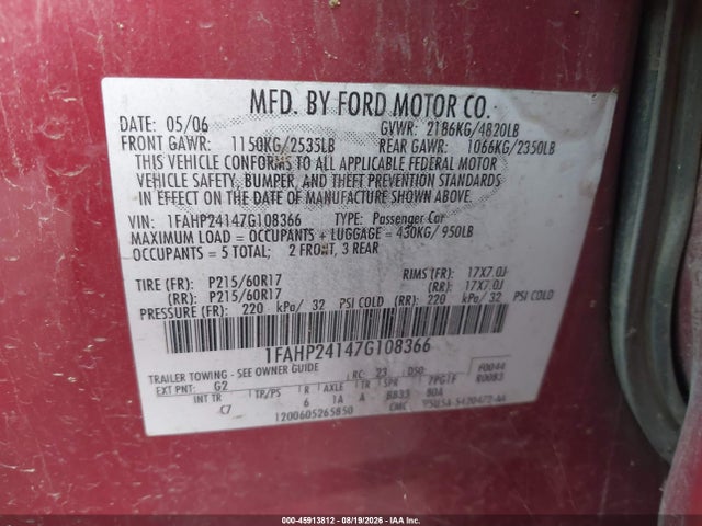 Продаж на аукціоні авто 2007 Ford Five Hundred Sel, vin: 1FAHP24147G108366, номер лоту: 45913812
