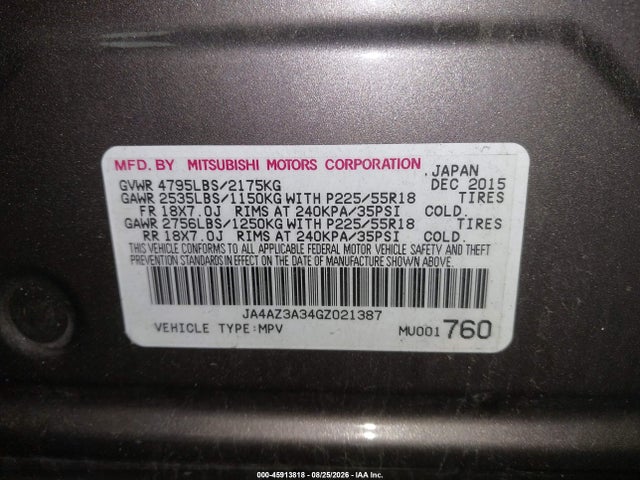 2016 Mitsubishi Outlander Se მანქანა იყიდება აუქციონზე, vin: JA4AZ3A34GZ021387, აუქციონის ნომერი: 45913818