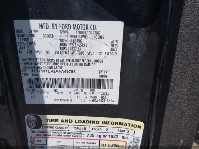 45913825 :رقم المزاد ، 1FTFW1EV2AFA49783 vin ، 2010 Ford F-150 Fx4/harley-davidson/king Ranch/lariat/platinum/xl/xlt مزاد بيع
