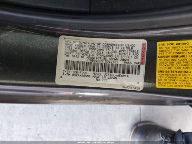 Aukcja sprzedaży 2001 Lexus Is 300, vin: JTHBD182910017131, numer aukcji: 45913841