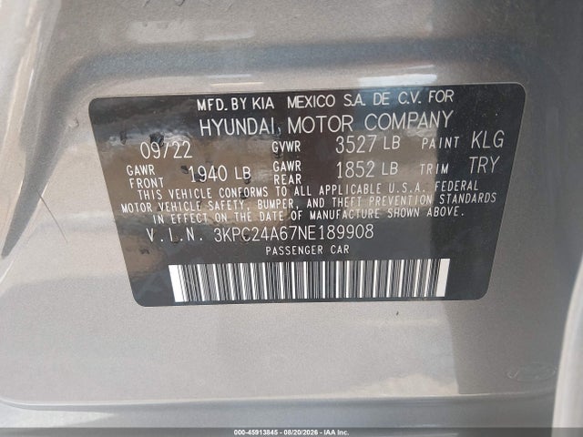 Aukcja sprzedaży 2022 Hyundai Accent Sel, vin: 3KPC24A67NE189908, numer aukcji: 45913845