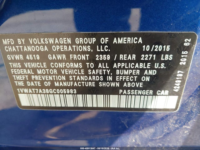 2016 Volkswagen Passat 1.8t S მანქანა იყიდება აუქციონზე, vin: 1VWAT7A38GC005983, აუქციონის ნომერი: 45913847