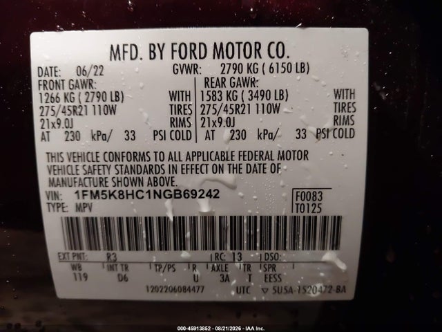 Продажа на аукционе авто 2022 Ford Explorer Platinum, vin: 1FM5K8HC1NGB69242, номер лота: 45913852