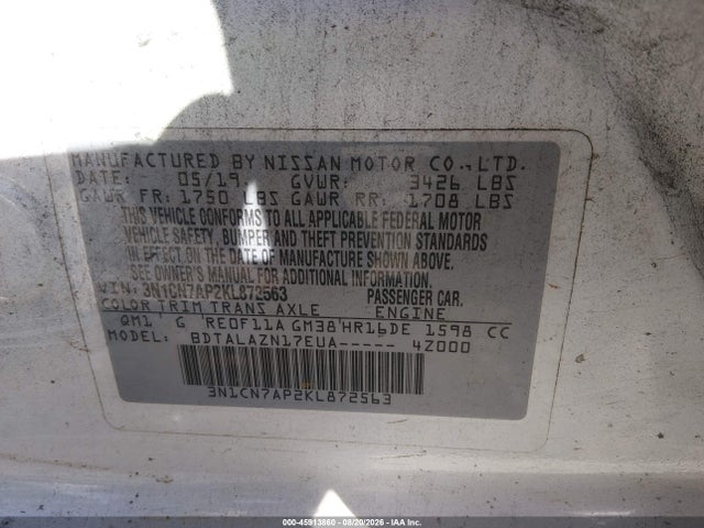 45913860 :رقم المزاد ، 3N1CN7AP2KL872563 vin ، 2019 Nissan Versa 1.6 S+ مزاد بيع
