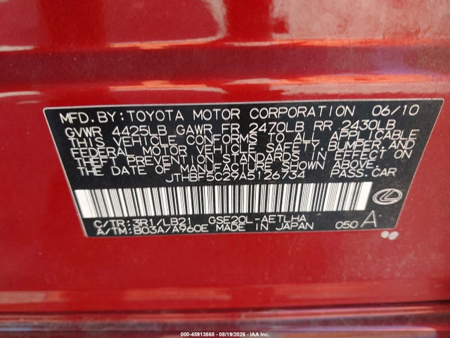 Продаж на аукціоні авто 2010 Lexus Is 250, vin: JTHBF5C29A5126734, номер лоту: 45913868