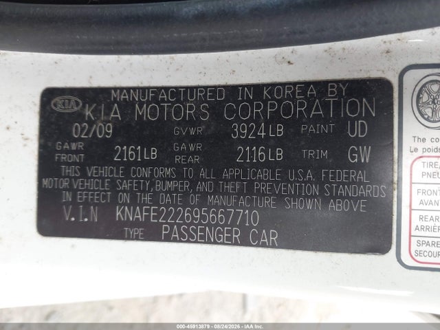 Aukcja sprzedaży 2009 Kia Spectra Ex, vin: KNAFE222695667710, numer aukcji: 45913879