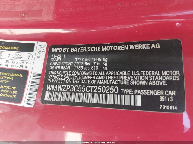 45913883 :رقم المزاد ، WMWZP3C55CT250250 vin ، 2012 Mini Cooper S مزاد بيع