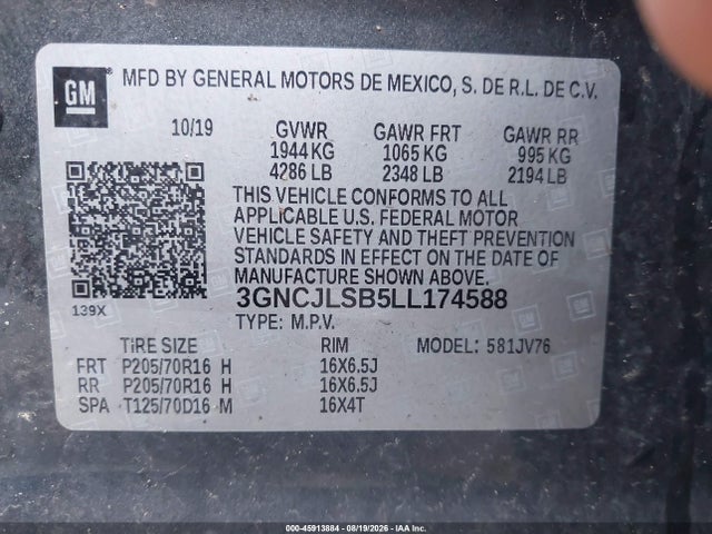 Продажа на аукционе авто 2020 Chevrolet Trax Fwd Lt, vin: 3GNCJLSB5LL174588, номер лота: 45913884