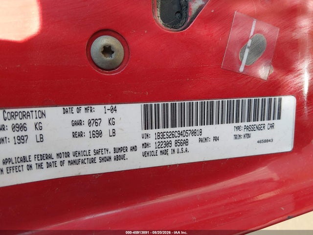45913891 :رقم المزاد ، 1B3ES26C94D570818 vin ، 2004 Dodge Neon Se مزاد بيع