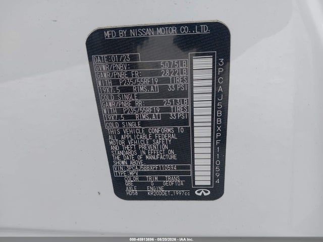 Aukcja sprzedaży 2023 Infiniti Qx50 Luxe Awd, vin: 3PCAJ5BBXPF110594, numer aukcji: 45913896