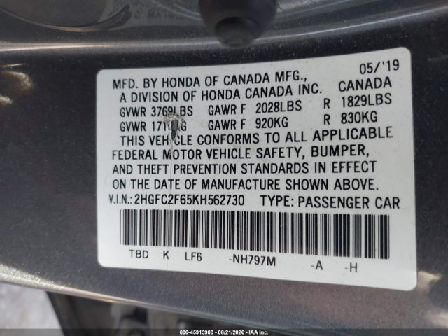 Aukcja sprzedaży 2019 Honda Civic Lx, vin: 2HGFC2F65KH562730, numer aukcji: 45913900