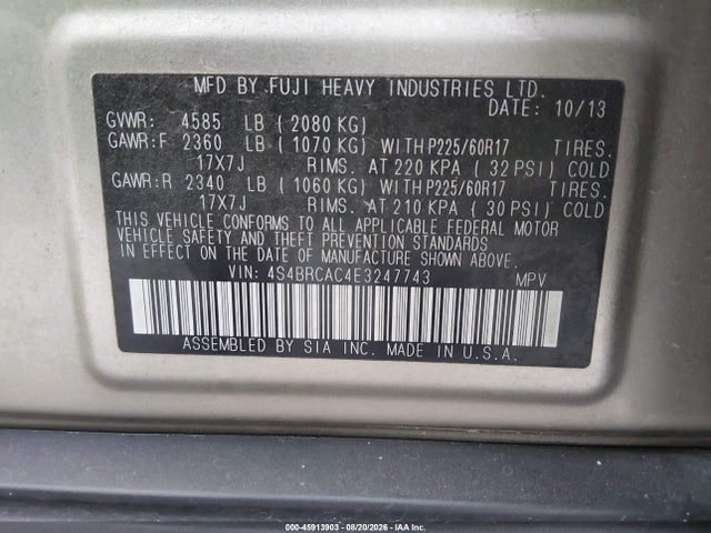 Продажа на аукционе авто 2014 Subaru Outback 2.5i, vin: 4S4BRCAC4E3247743, номер лота: 45913903