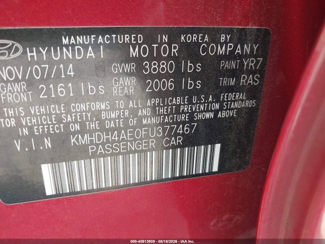Auction sale of the 2015 Hyundai Elantra Se, vin: KMHDH4AE0FU377467, lot number: 45913909