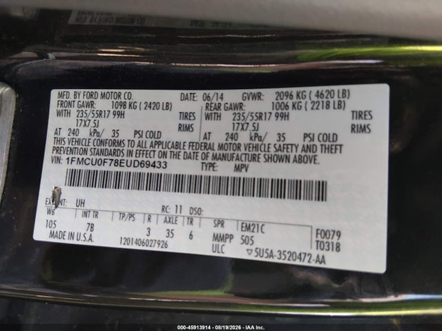 45913914 :رقم المزاد ، 1FMCU0F78EUD69433 vin ، 2014 Ford Escape S مزاد بيع