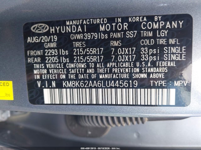 45913919 :رقم المزاد ، KM8K62AA6LU445619 vin ، 2020 Hyundai Kona Sel Plus مزاد بيع