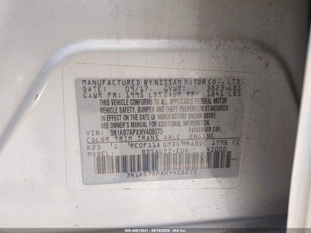 Продажа на аукционе авто 2017 Nissan Sentra S, vin: 3N1AB7APXHY408075, номер лота: 45913921