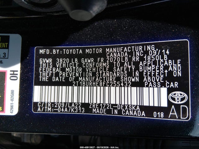 Aukcja sprzedaży 2015 Toyota Corolla S Premium, vin: 2T1BURHE8FC255432, numer aukcji: 45913927