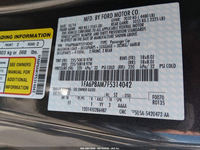 Aukcja sprzedaży 2015 Ford Mustang V6, vin: 1FA6P8AM7F5314042, numer aukcji: 45913946