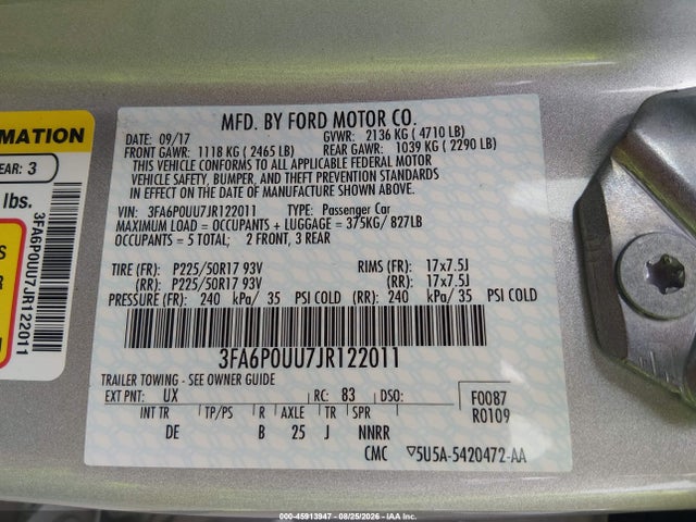 Aukcja sprzedaży 2018 Ford Fusion Hybrid S, vin: 3FA6P0UU7JR122011, numer aukcji: 45913947