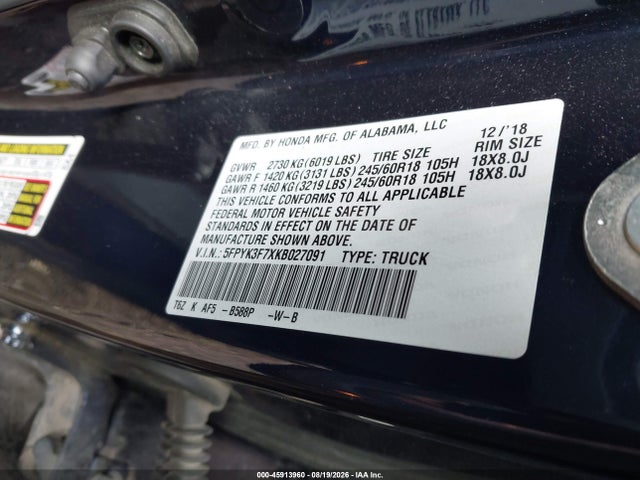 45913960 :رقم المزاد ، 5FPYK3F7XKB027091 vin ، 2019 Honda Ridgeline Rtl-e مزاد بيع