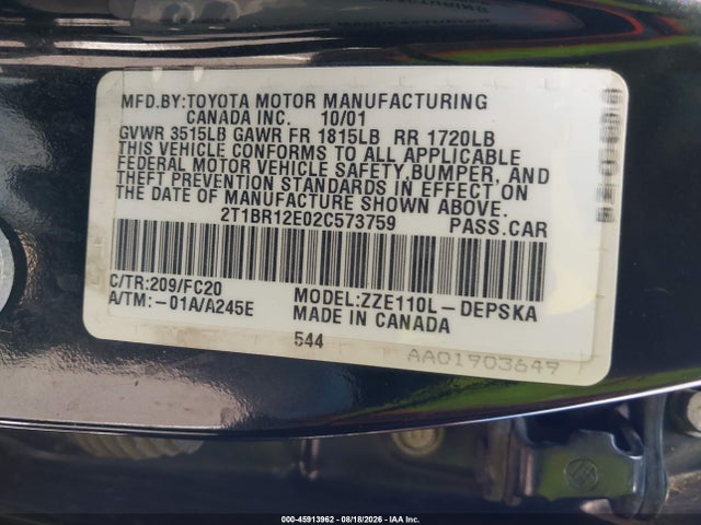 Продаж на аукціоні авто 2002 Toyota Corolla S, vin: 2T1BR12E02C573759, номер лоту: 45913962