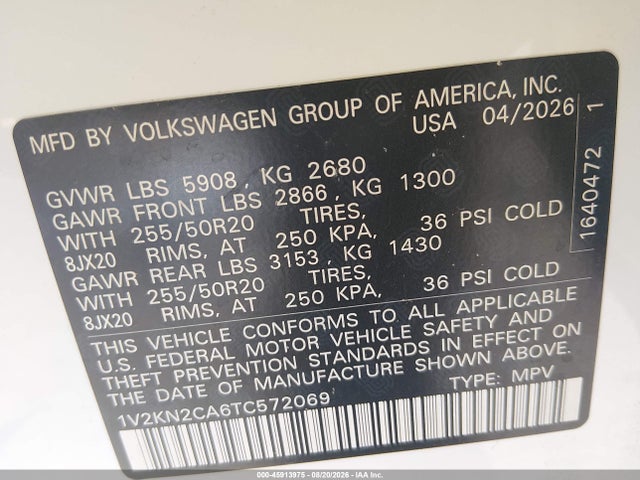 2026 Volkswagen Atlas Se With Technology მანქანა იყიდება აუქციონზე, vin: 1V2KN2CA6TC572069, აუქციონის ნომერი: 45913975