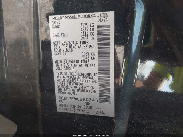 45913980 :رقم المزاد ، 5N1BT3BB7RC680745 vin ، 2024 Nissan Rogue Sv Intelligent Awd مزاد بيع