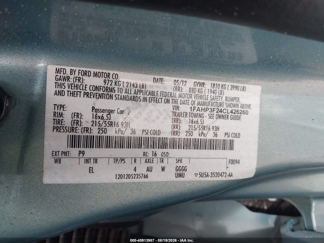 2012 Ford Focus Se მანქანა იყიდება აუქციონზე, vin: 1FAHP3F24CL426260, აუქციონის ნომერი: 45913987