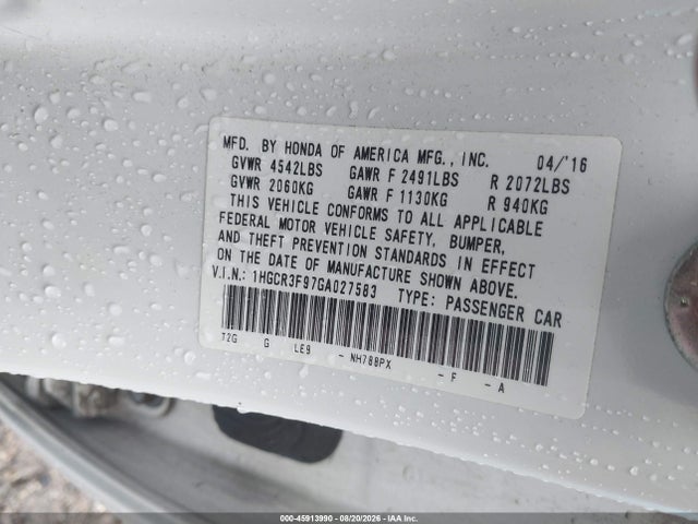 Продажа на аукционе авто 2016 Honda Accord Touring, vin: 1HGCR3F97GA027583, номер лота: 45913990