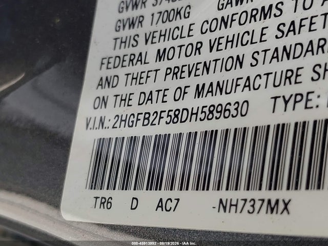 45913992 :رقم المزاد ، 2HGFB2F58DH589630 vin ، 2013 Honda Civic Lx مزاد بيع