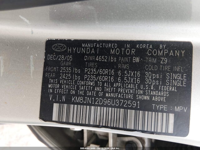 Продаж на аукціоні авто 2006 Hyundai Tucson Gls/limited, vin: KM8JN12D96U372591, номер лоту: 45913995