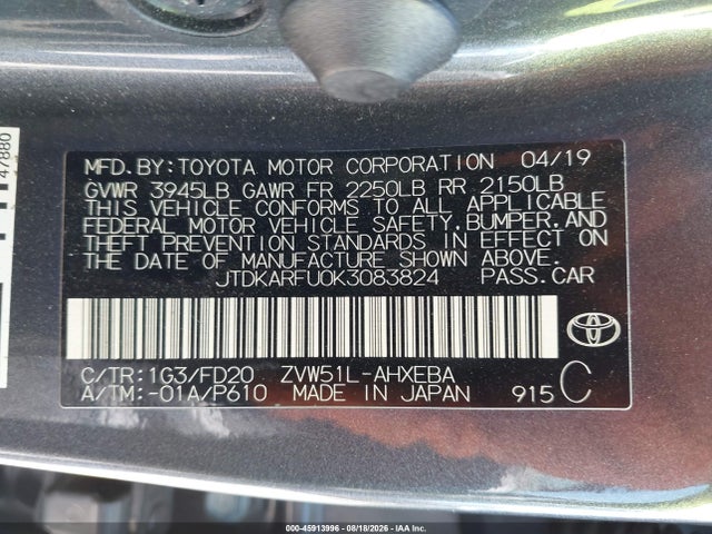 Toyota Prius Le 2019 JTDKARFU0K3083824 Image 9