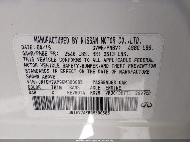 2016 Infiniti Q50 3.0t Premium მანქანა იყიდება აუქციონზე, vin: JN1EV7AP9GM300685, აუქციონის ნომერი: 45913998