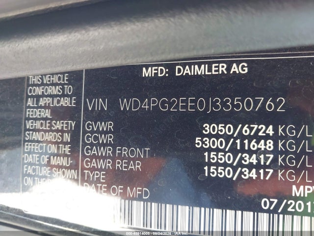 Aukcja sprzedaży 2018 Mercedes-benz Metris, vin: WD4PG2EE0J3350762, numer aukcji: 45914005