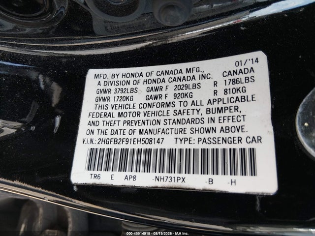 Продажа на аукционе авто 2014 Honda Civic Ex-l, vin: 2HGFB2F91EH508147, номер лота: 45914015