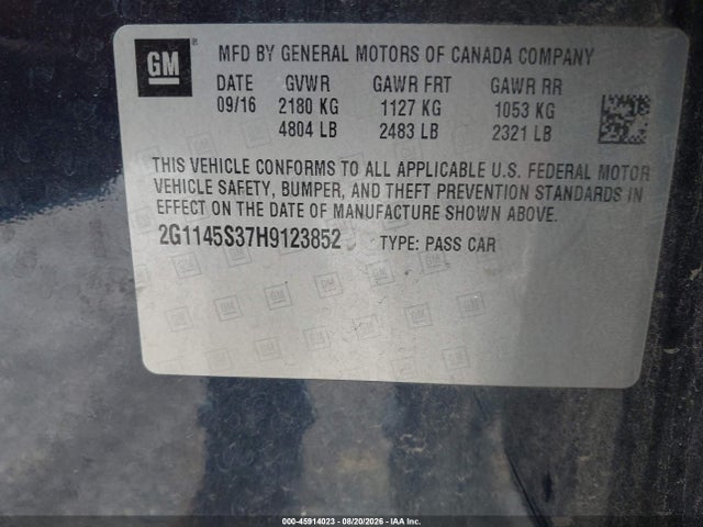 45914023 :رقم المزاد ، 2G1145S37H9123852 vin ، 2017 Chevrolet Impala 2lz مزاد بيع