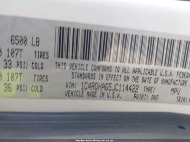 Aukcja sprzedaży 2018 Dodge Durango Sxt Rwd, vin: 1C4RDHAG5JC114422, numer aukcji: 45914025