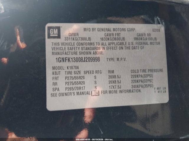Aukcja sprzedaży 2008 Chevrolet Tahoe Ltz, vin: 1GNFK13008J209998, numer aukcji: 45914035