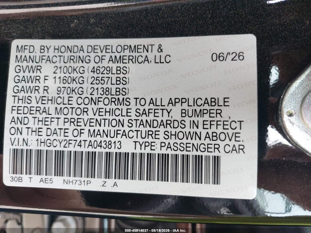 2026 Honda Accord Hybrid Sport-l მანქანა იყიდება აუქციონზე, vin: 1HGCY2F74TA043813, აუქციონის ნომერი: 45914037
