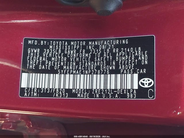 2022 Toyota Corolla Le მანქანა იყიდება აუქციონზე, vin: 5YFEPMAE1NP278776, აუქციონის ნომერი: 45914040