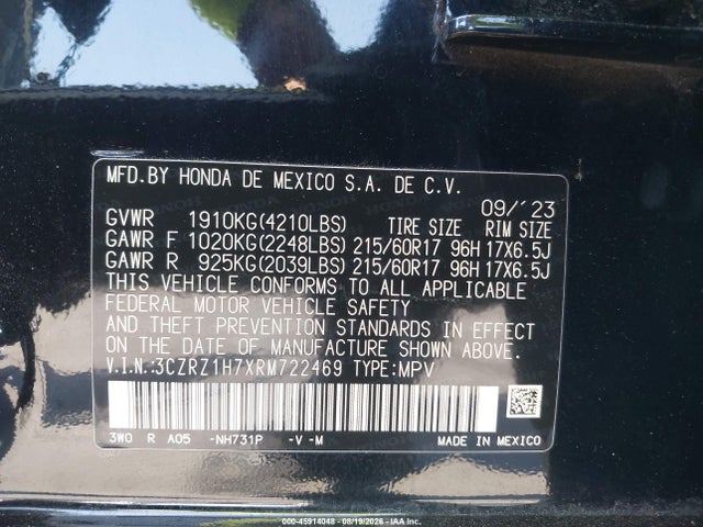 3CZRZ1H7XRM722469 Honda Hr-v 2wd Ex-l/2wd Ex-l W/o Bsi