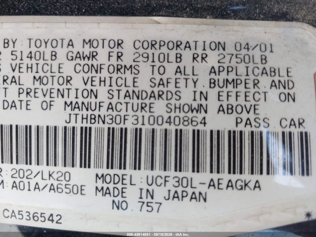 Aukcja sprzedaży 2001 Lexus Ls 430, vin: JTHBN30F310040864, numer aukcji: 45914051