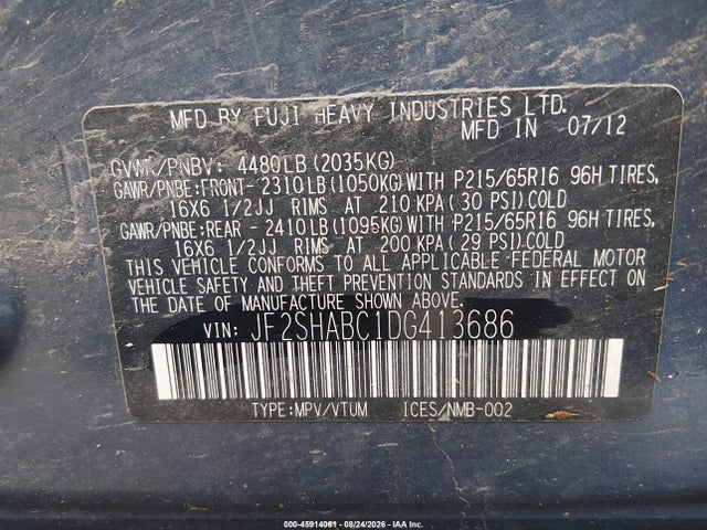 45914061 :رقم المزاد ، JF2SHABC1DG413686 vin ، 2013 Subaru Forester 2.5x مزاد بيع