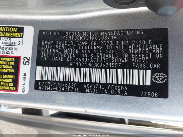 Продажа на аукционе авто 2019 Toyota Camry Hybrid Se, vin: 4T1B21HK3KU521557, номер лота: 45914062