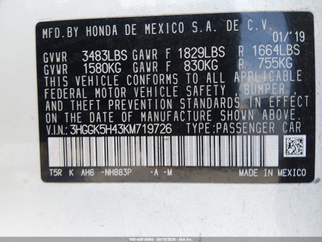 3HGGK5H43KM719726 Honda FIT LX