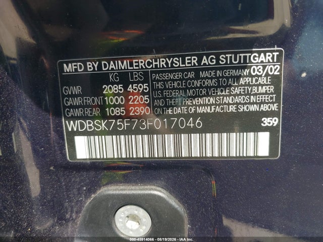 Aukcja sprzedaży 2003 Mercedes-benz Sl 500, vin: WDBSK75F73F017046, numer aukcji: 45914066